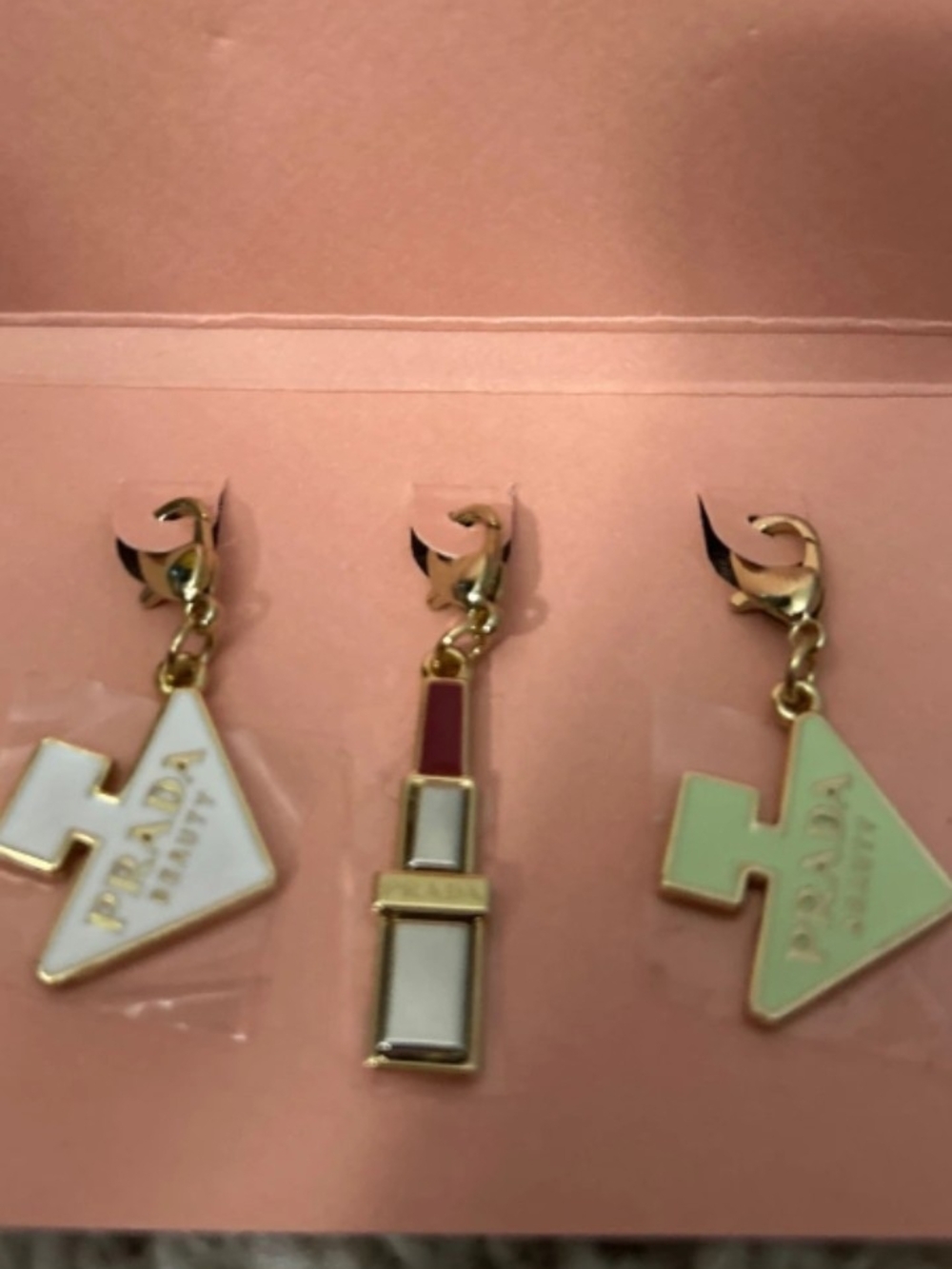 Prada Enamel Logo & Lipstick Charms — White, Mint & Red